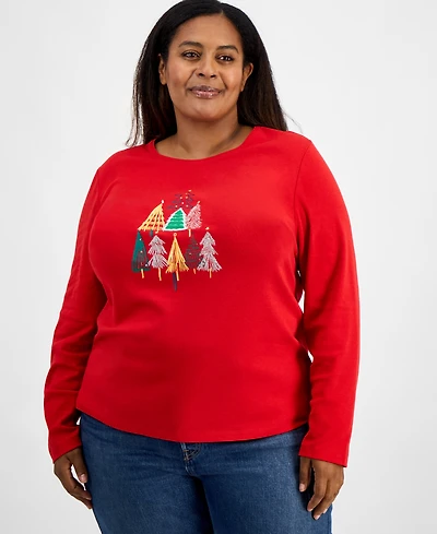 Holiday Lane Plus Size Festive Tree Long-Sleeve T-Shirt, Macy's Exclusive