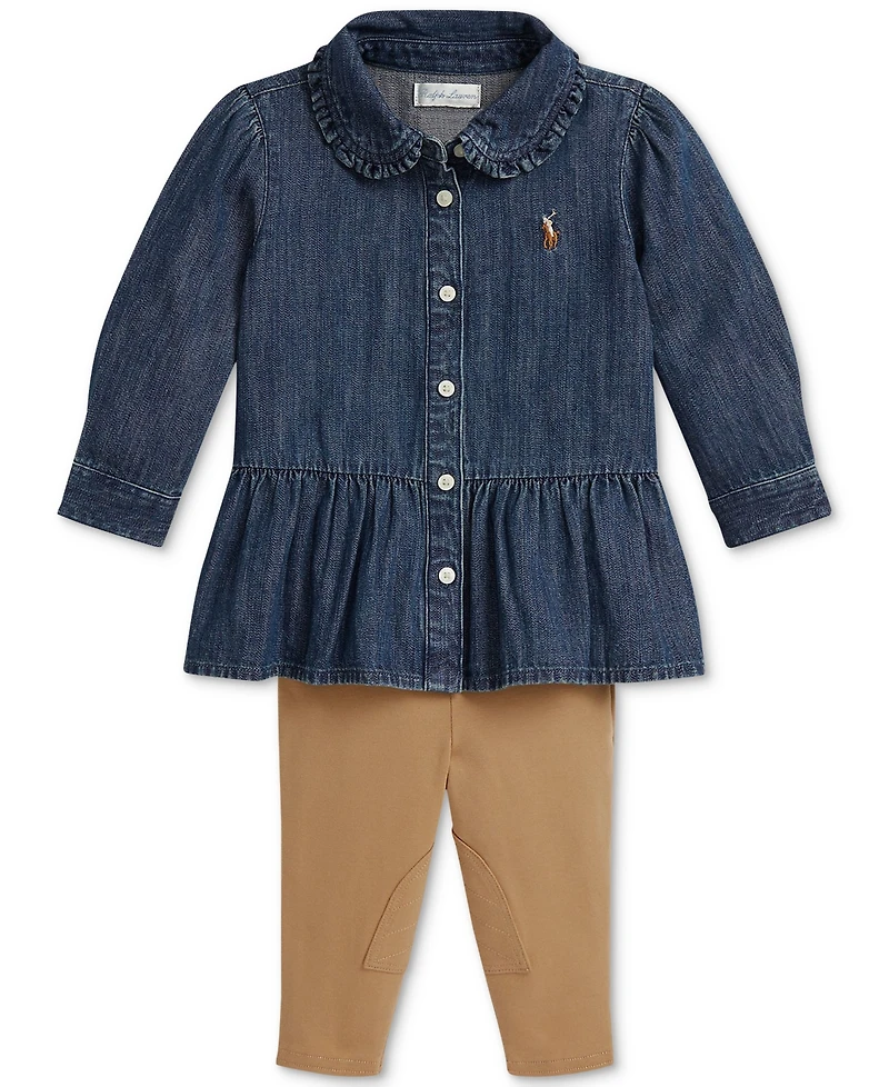 Polo Ralph Lauren Baby Girls Denim Peplum Shirt & Leggings Set