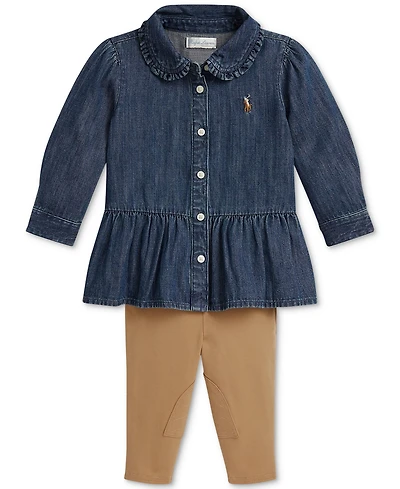 Polo Ralph Lauren Baby Girls Denim Peplum Shirt & Leggings Set