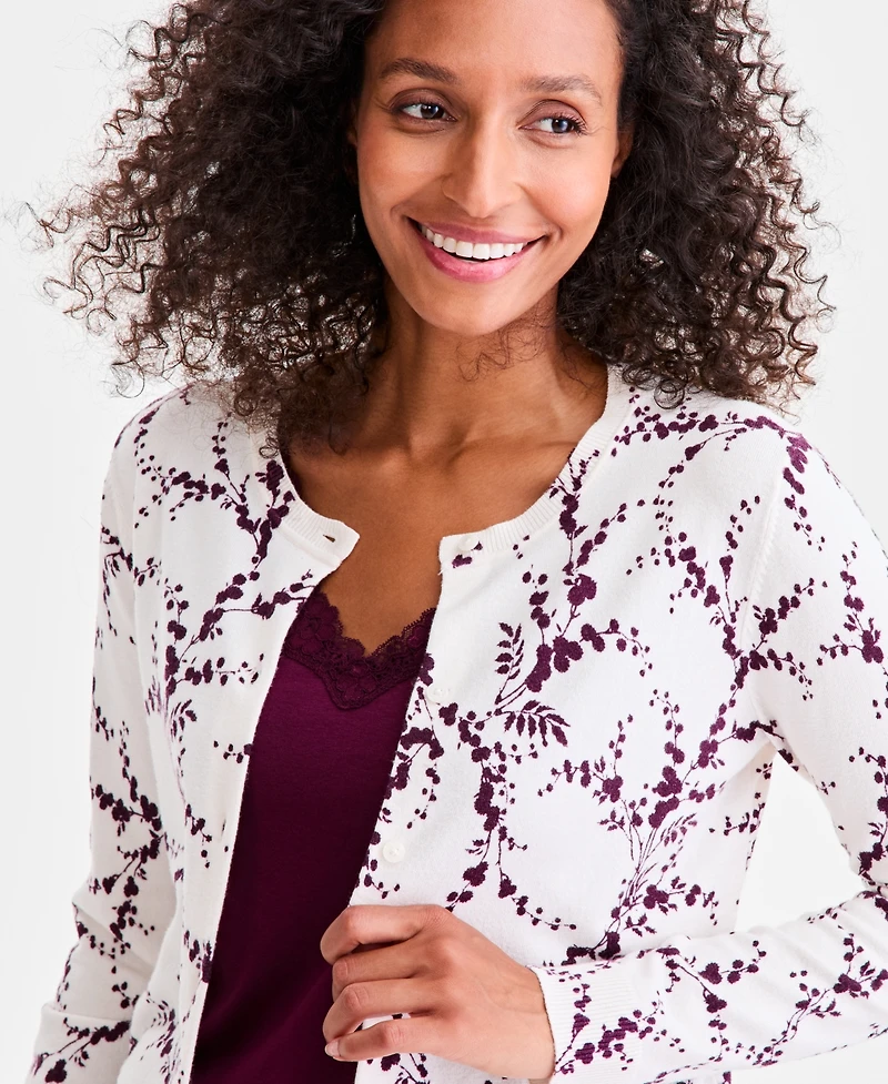 Style & Co Women's Printed Crewneck Button-Front Cardigan