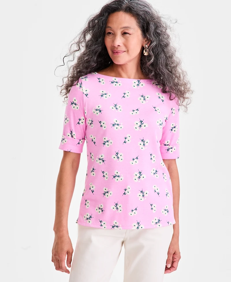 Style & Co Petite Floral Chintz Boat-Neck Elbow-Sleeve Top, Macy's Exclusive