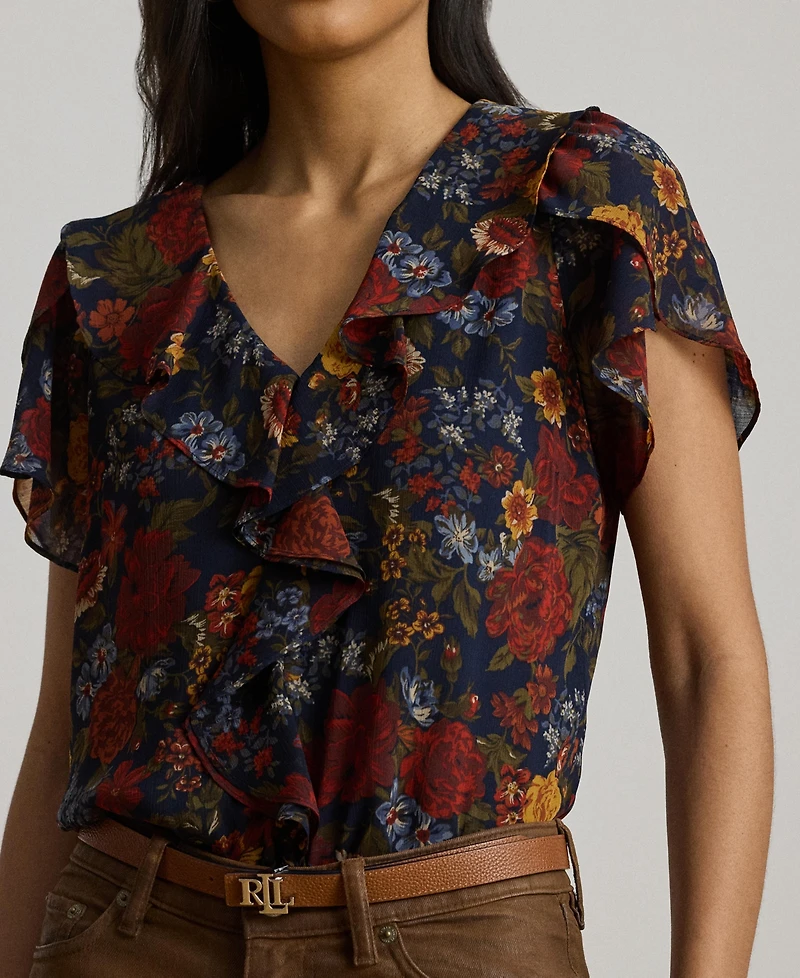 Lauren Ralph Women's Floral Ruffle-Trim Georgette Blouse