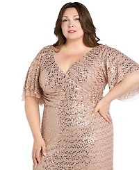 R & M Richards Plus Beaded Flutter-Sleeve Slit Gown