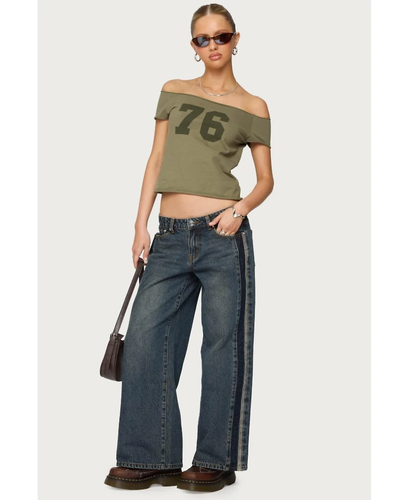 Edikted Womens Petite Contrast Panel Low Rise Jeans