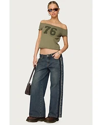 Edikted Womens Petite Contrast Panel Low Rise Jeans