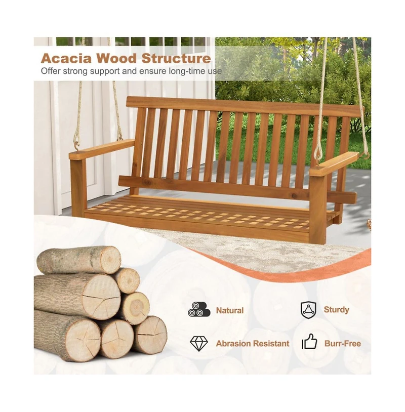 2-Seat Acacia Wood Porch Swing Bench with 2 Hanging Hemp Ropes