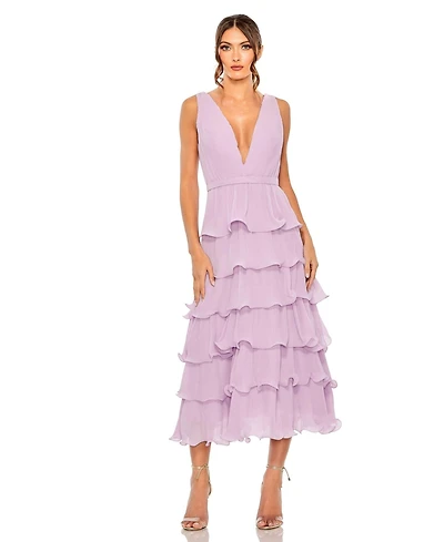 Mac Duggal Women's Deep V Chiffon Sleeveless Ruffle Midi Dress