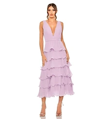 Mac Duggal Women's Deep V Chiffon Sleeveless Ruffle Midi Dress