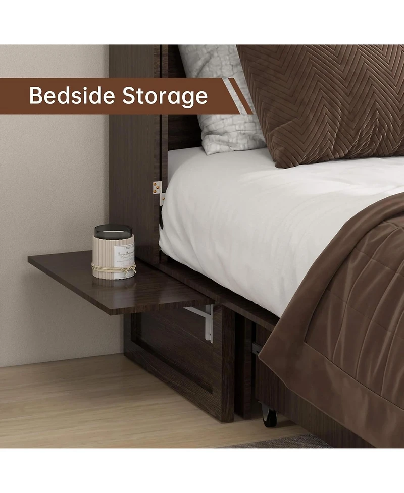 livelylodge Queen Murphy Bed Cabinet with Charging Station for Guest Room, Black Walnut Queen Hideaway Murphy Bed with Storage Drawer and Shelves