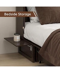 livelylodge Queen Murphy Bed Cabinet with Charging Station for Guest Room, Black Walnut Queen Hideaway Murphy Bed with Storage Drawer and Shelves