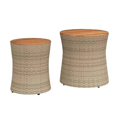 vidaXL Patio Side Tables 2 pcs with Wooden Top Beige Poly Rattan