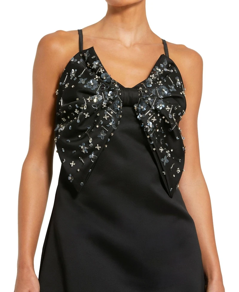 Mac Duggal Women's Sleeveless Satin A-Line Beaded Bow Mini Dress