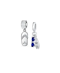 Bling Jewelry Set of 2 Tropical Beach Flip Flop Sandal & Fun Sports Blue Cz Sunglasses Surfboard Dangle Charm Bead Sterling Silver