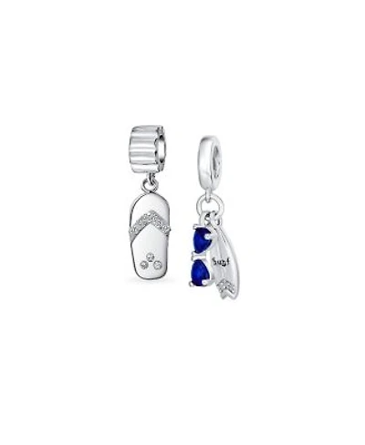 Bling Jewelry Set Of 2 Tropical Beach Flip Flop Sandal Fun Sports Blue Cz Sunglasses Surfboard Dangle Charm Bead Sterling Silver