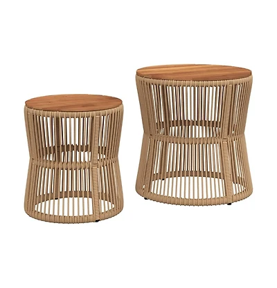 vidaXL Patio Side Tables 2 pcs with Wooden Top Beige Poly Rattan