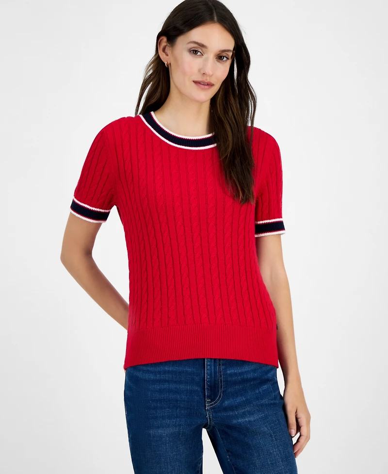 Tommy Hilfiger Women's Cotton Short-Sleeve Cable Knit Sweater