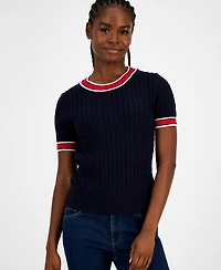Tommy Hilfiger Women's Cotton Short-Sleeve Cable Knit Sweater