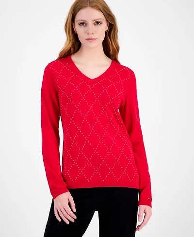 Tommy Hilfiger Women's Studded Argyle Cotton V-Neck Sweater