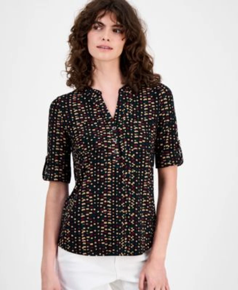 Ak Anne Klein Womens Printed Roll Tab Top P Xxs Xl