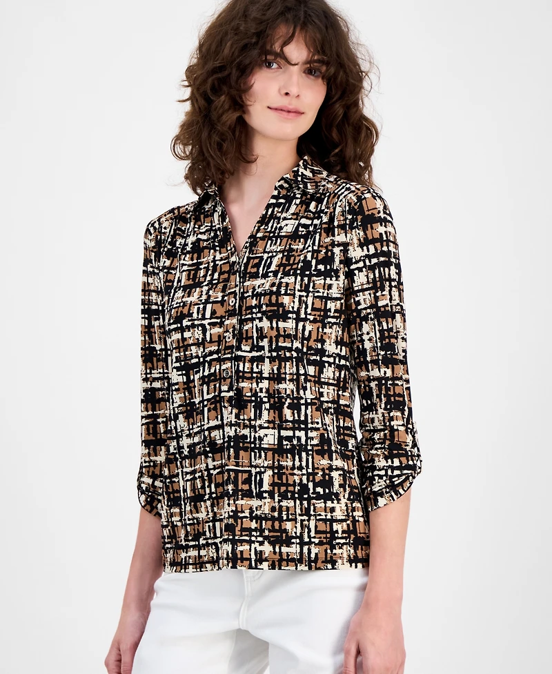 Ak Anne Klein Women's Printed Ruched-Tab Shirt
