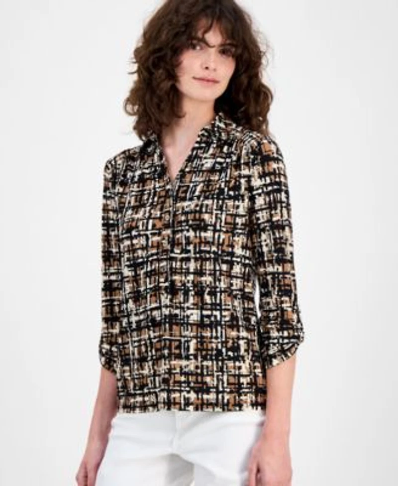 Ak Anne Klein Womens Printed Ruched Tab Shirt P Xxs Xl