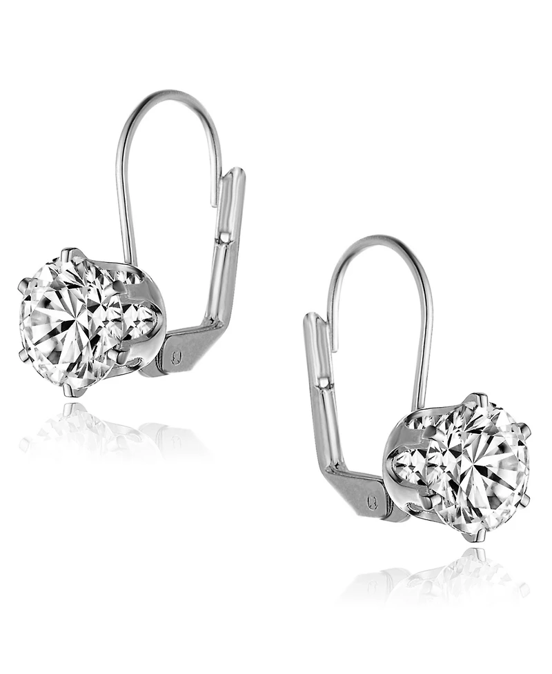 Genevive Sterling Silver White Gold Plating with Clear Cubic Zirconia Classic Leverback Earrings