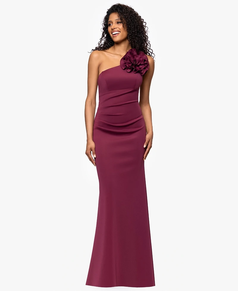 Betsy & Adam Women's Scuba One-Shoulder Flower Long Sheath Dress