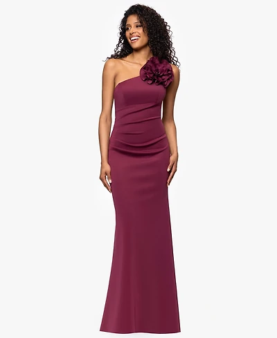 Betsy & Adam Women's Scuba One-Shoulder Flower Long Sheath Dress