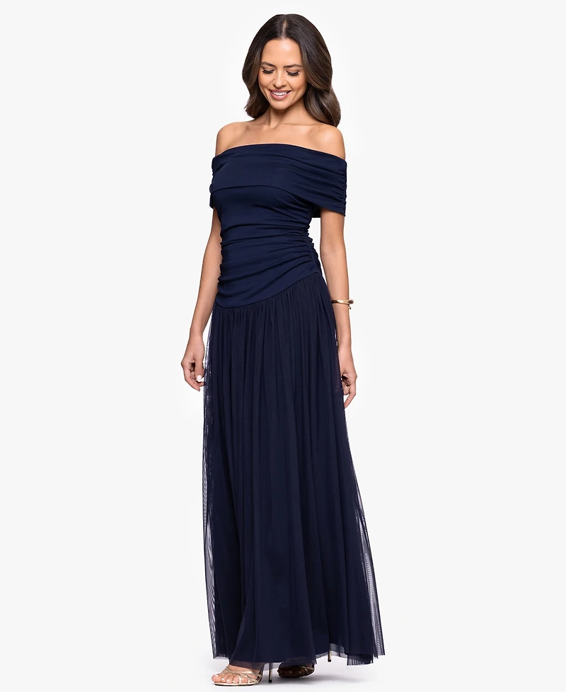 Betsy & Adam Women's Off-The-Shoulder Long Sheath Dress