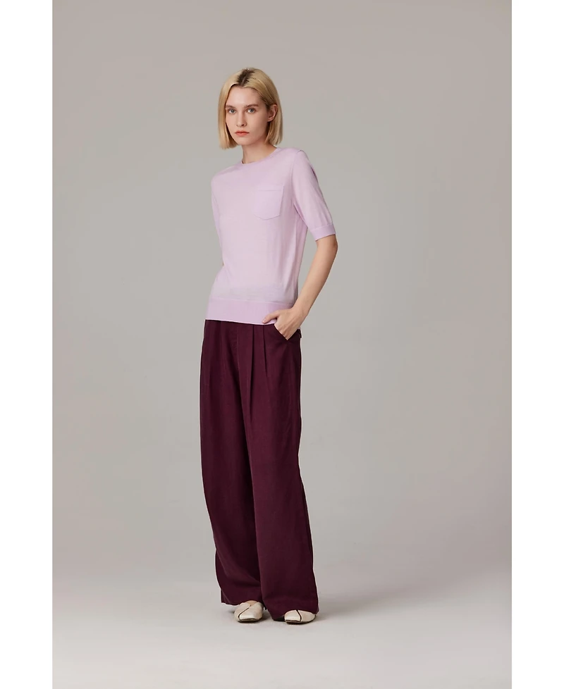 Jennie Liu Women's Tissue Weight 75% Merino Wool 25% Silk Crew Neck Short Sleeve T Shirt Sweater | Ultra Soft Machine-Washable Sweaters