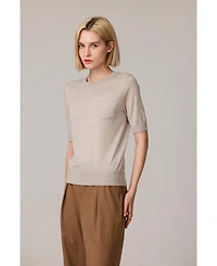 Jennie Liu Women's Tissue Weight 75% Merino Wool 25% Silk Crew Neck Short Sleeve T Shirt Sweater | Ultra Soft Machine-Washable Sweaters