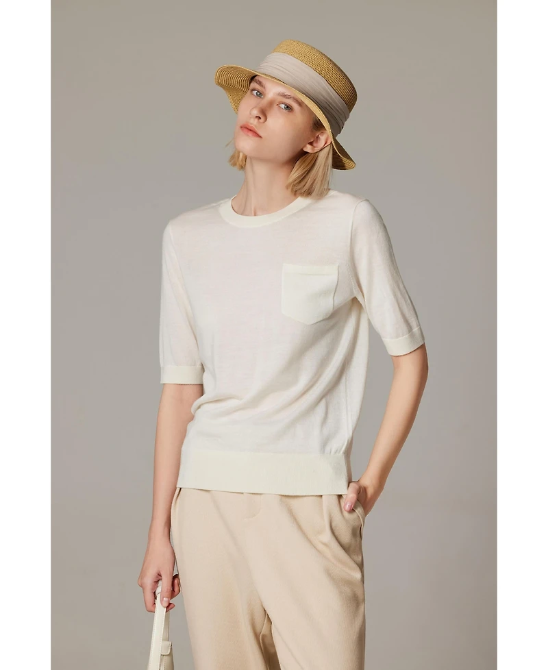 Jennie Liu Women's Tissue Weight 75% Merino Wool 25% Silk Crew Neck Short Sleeve T Shirt Sweater | Ultra Soft Machine-Washable Sweaters