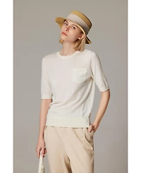 Jennie Liu Women's Tissue Weight 75% Merino Wool 25% Silk Crew Neck Short Sleeve T Shirt Sweater | Ultra Soft Machine-Washable Sweaters