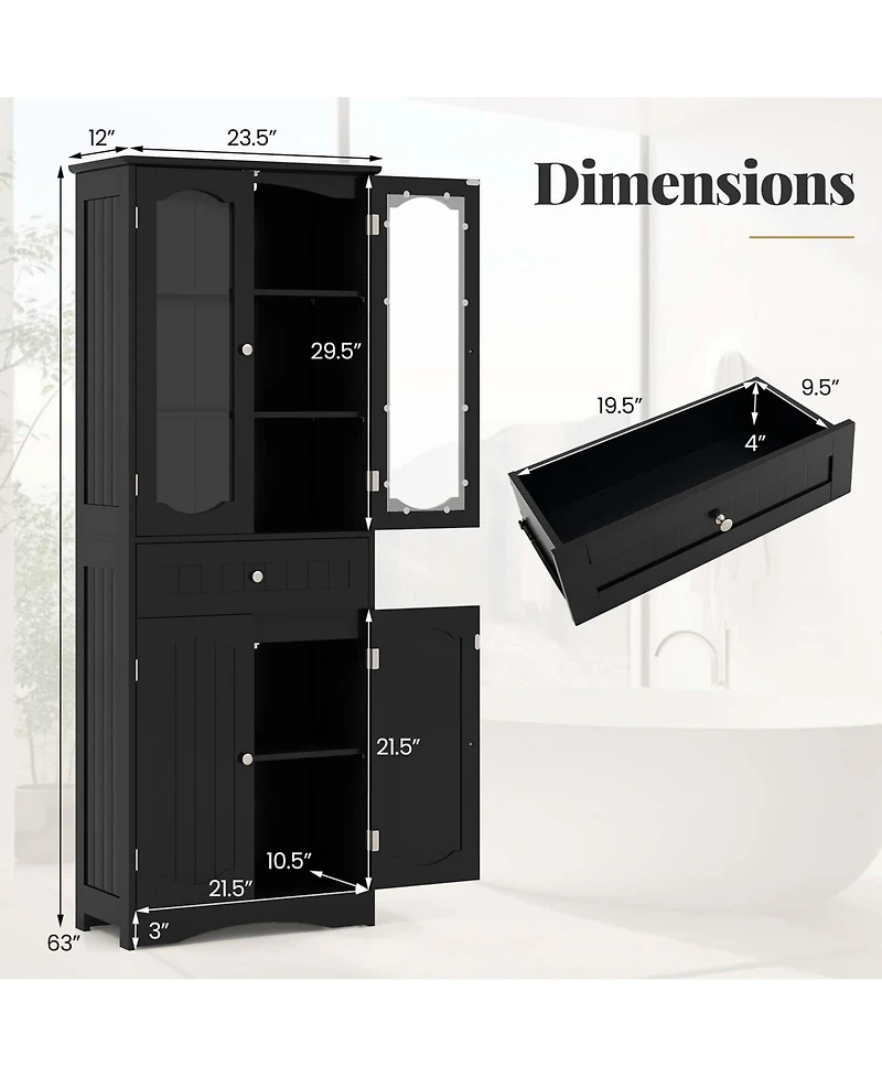 Costway 63" Tall Bathroom Cabinet with Tempered Glass Doors Adjustable Shelves Large Drawer