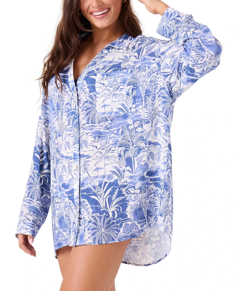 Roxy Juniors' Mana Long-Sleeve Camp Shirt Cover-Up
