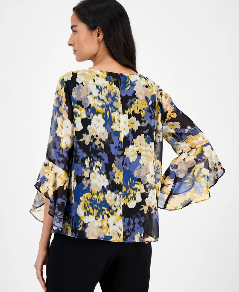 Kasper Abstract Floral-Print Bell-Sleeve Blouse, Regular & Petite