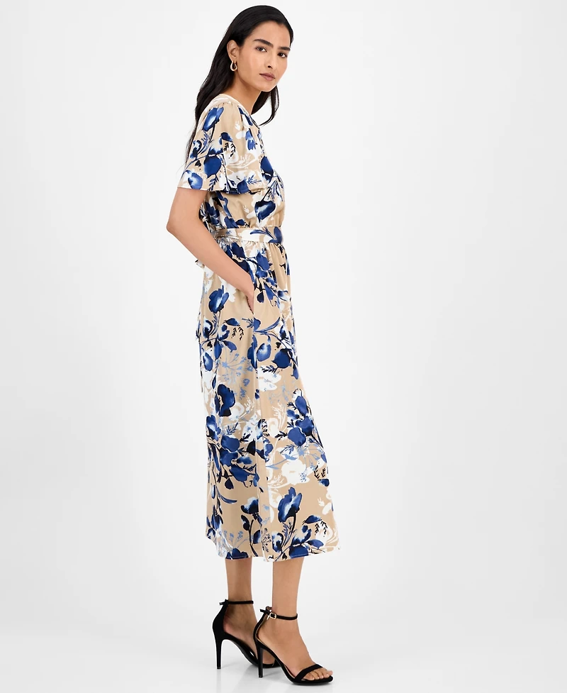 Kasper Floral-Print Tie-Waist Midi Dress, Regular & Petite