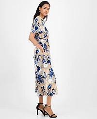 Kasper Floral-Print Tie-Waist Midi Dress, Regular & Petite