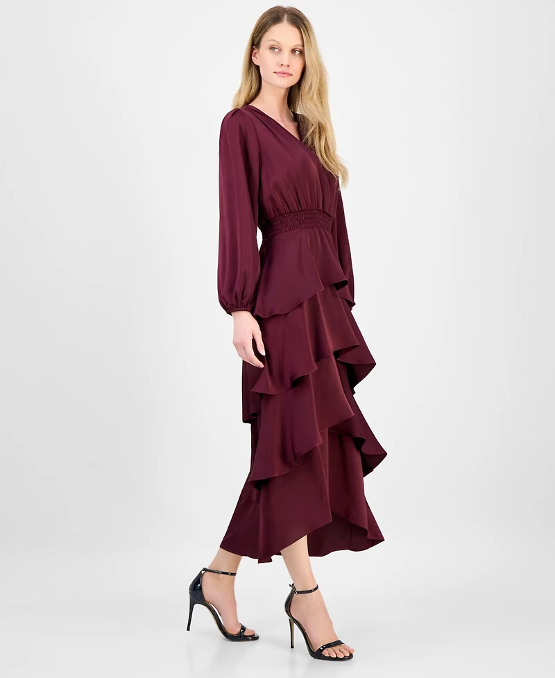 Anne Klein Women's Satin Surplice-Neck Tiered Midi Dress