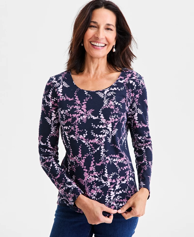 Style & Co Women's Printed Cotton Long-Sleeve Scoop-Neck Top, Created for Macy's