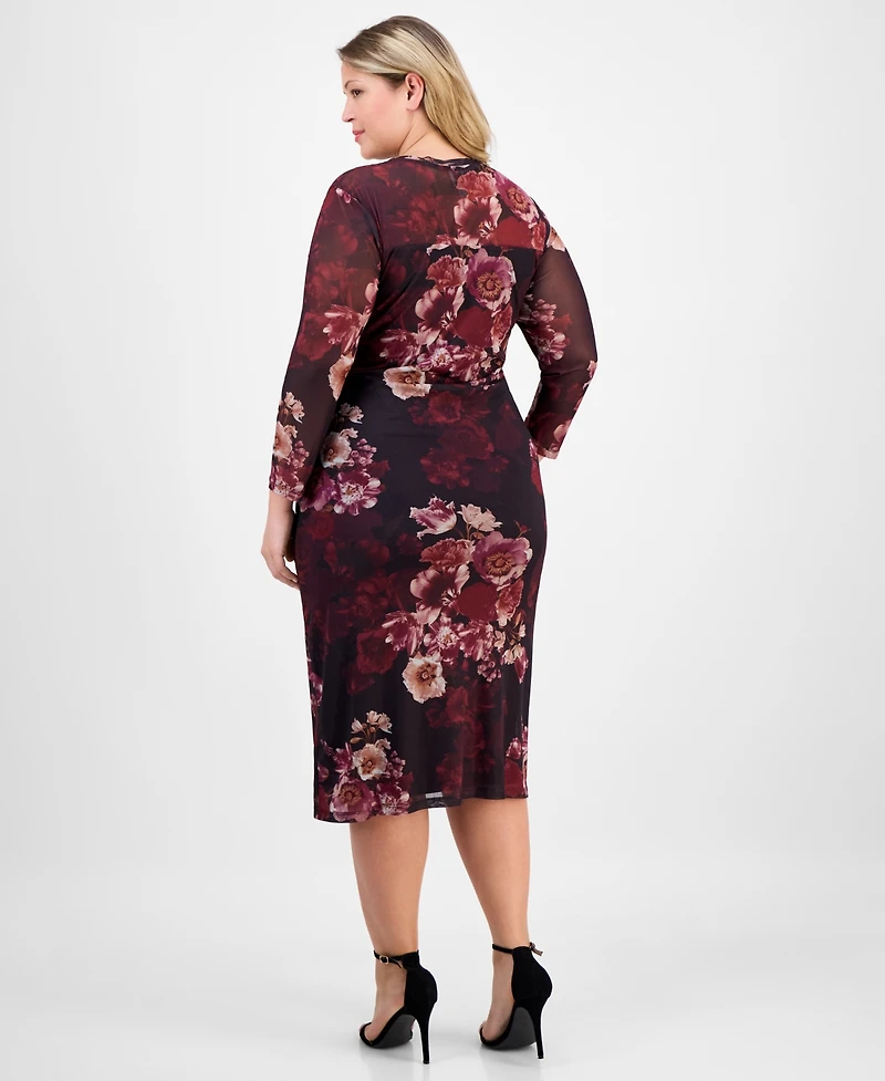 Anne Klein Plus Floral Mesh Side-Ruched Midi Dress
