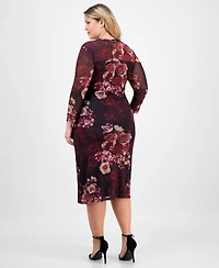 Anne Klein Plus Floral Mesh Side-Ruched Midi Dress