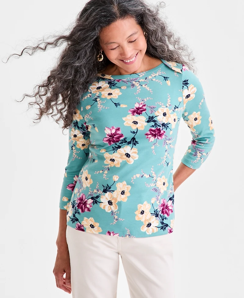 Style & Co Women's Printed Pima Cotton 3/4 Sleeve Boat-Neck Top, Macy's Exclusive