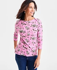 Style & Co Women's Printed Pima Cotton 3/4-Sleeve Boat-Neck Top, Exclusively at Macy's