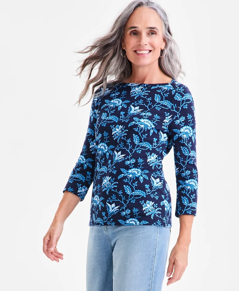 Style & Co Petite Cotton Printed 3/4-Sleeve Boat-Neck Top, Macy's Exclusive