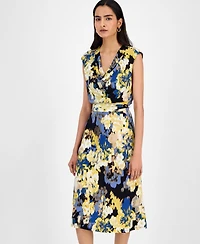 Kasper Women's Printed Cowlneck Tie-Waist Midi Dress