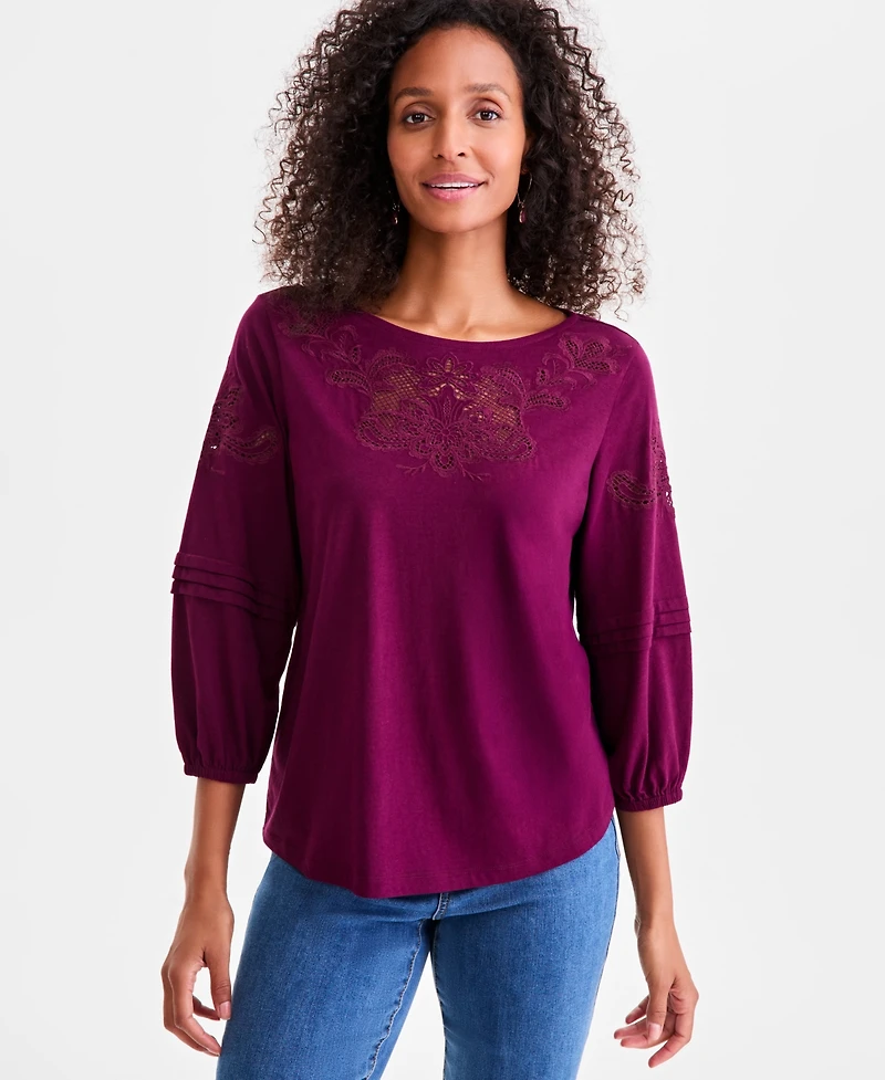 Style & Co Women's Embroidered Lace-Trim Knit Blouse, Macy's Exclusive