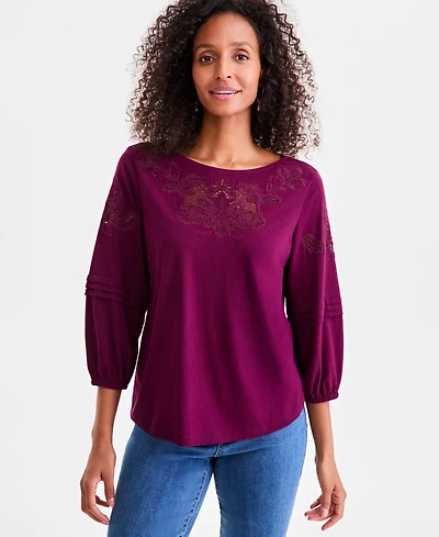 Style & Co Women's Embroidered Lace-Trim Knit Blouse, Macy's Exclusive