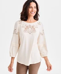 Style Co Womens Embroidered Lace Trim Knit Blouse Macys Exclusive