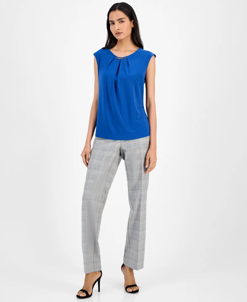 Kasper Pleated-Neck Cap-Sleeve Blouse, Regular & Petite